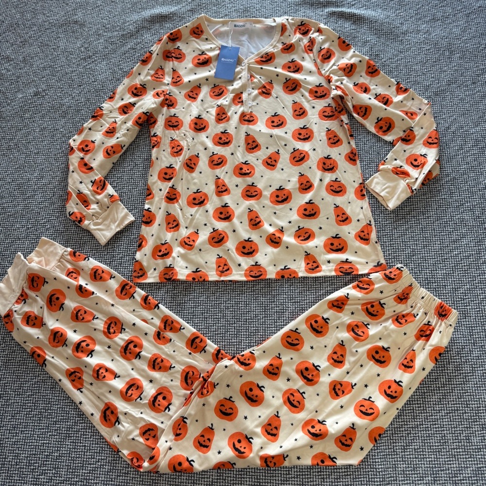 New Womens Halloween Pajama Set Small Cream Jack-O-Lantern Pumpkin Henley S